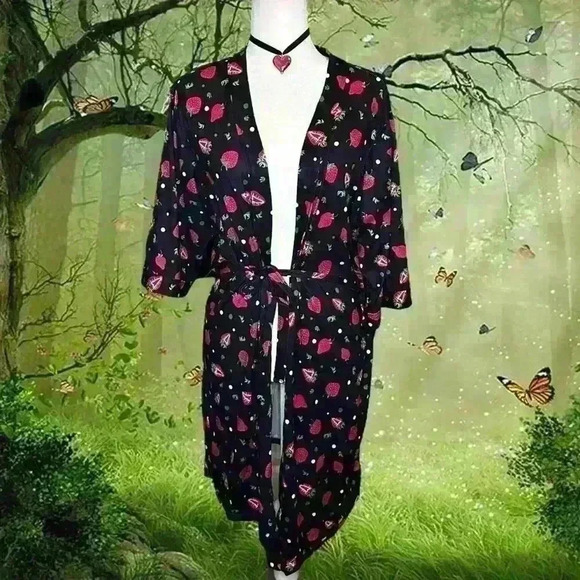 Boho Lati Fashion Strawberry Print Navy Blue Two Piece Slip Dress & Robe - Picture 8 of 11